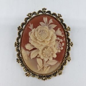 Signed Etched Cream Resin Floral Gold Oval Frame Cameo Costume Brooch by Gerry's